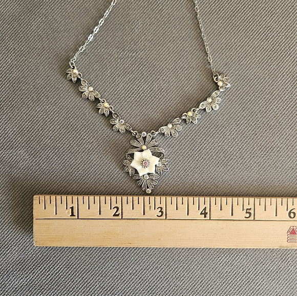 Silver Floral Statement Necklace Aurora Borealis Crystals - Picture 7 of 11